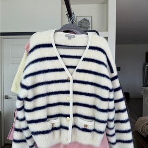 J. Crew Cream & Navy Striped Fuzzy Button Cardigan